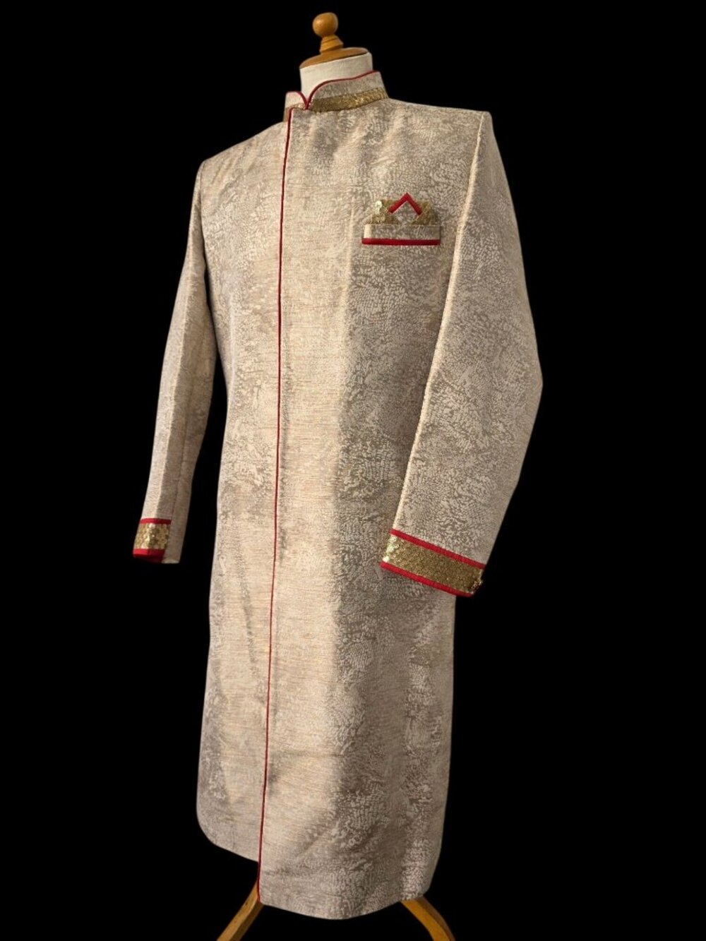 Mens Sherwani Wedding Coat 44 / M Champagne Gold Red Trim Handmade Paisley Lined